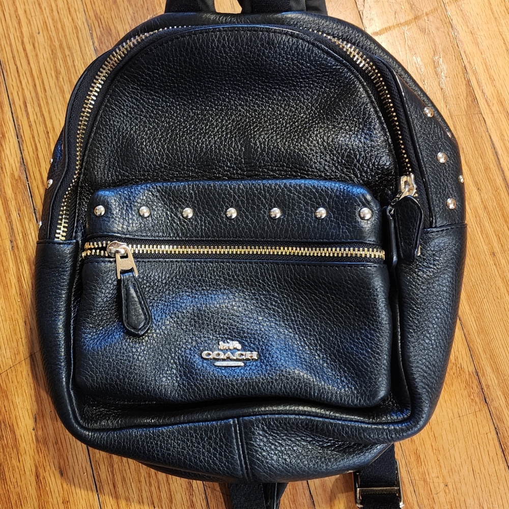 Coach Mini Charlie Backpack In Pebble Leather Black Gold Studded